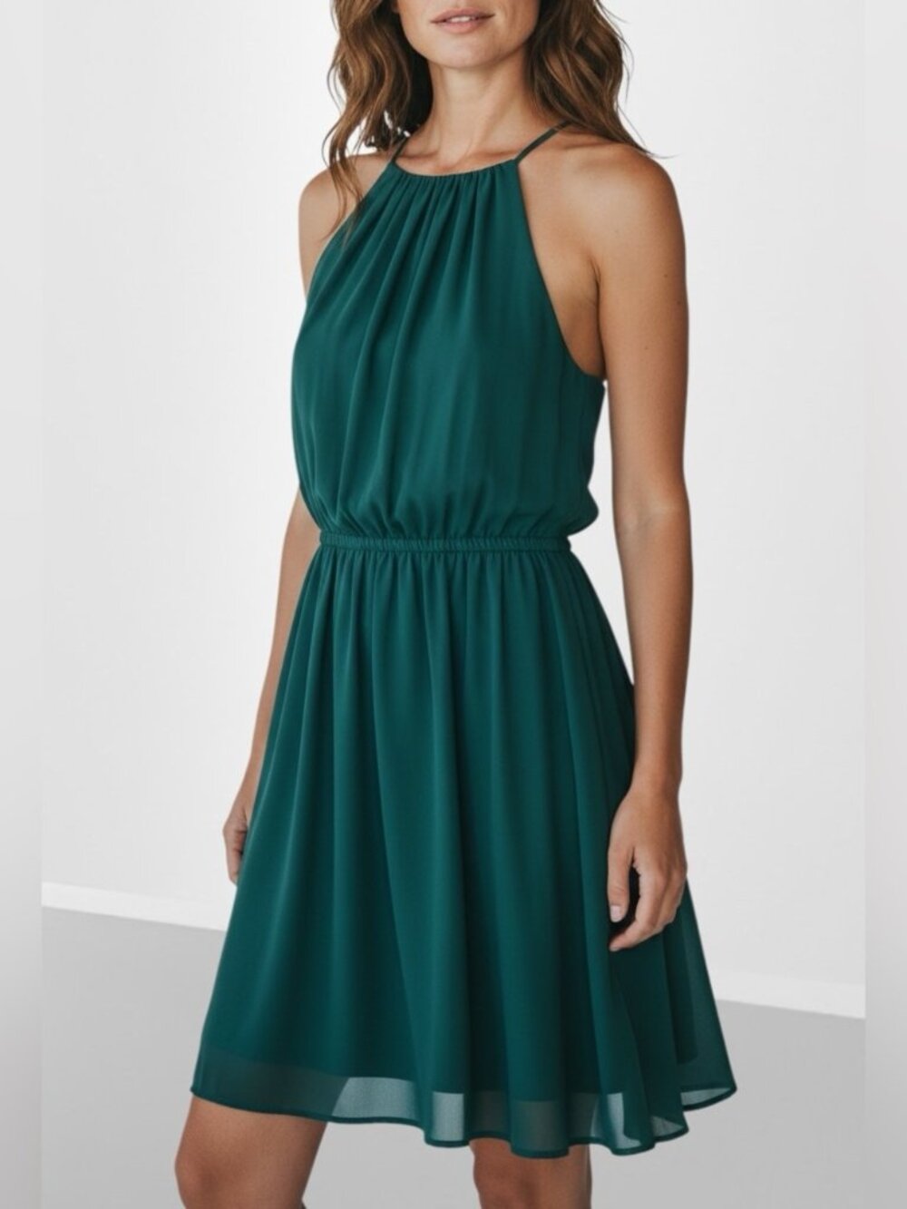 Lush Forest Green Halter Mini Dress with Elastic Waist Size M